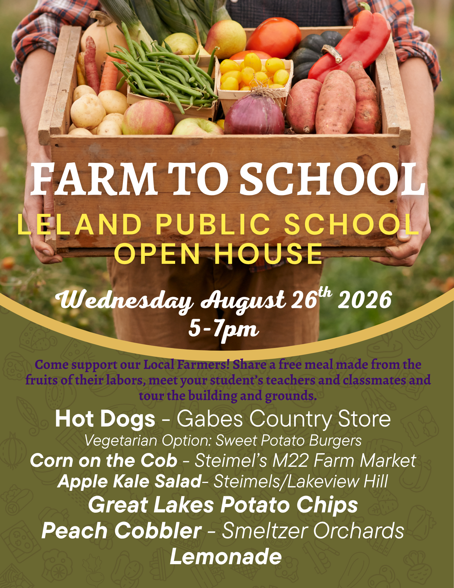 flier detailing menu for farm to table dinner at open house